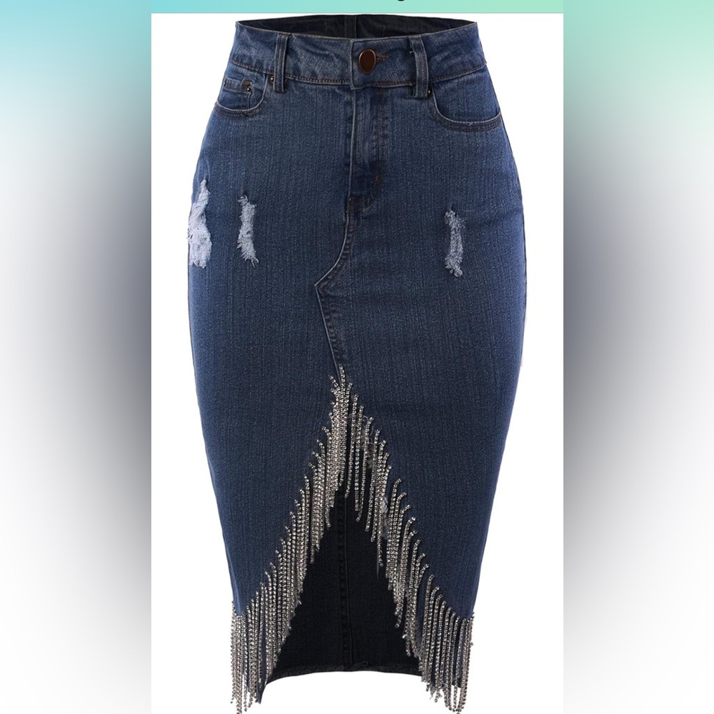 Denim jean skirt with bedazzled fringe